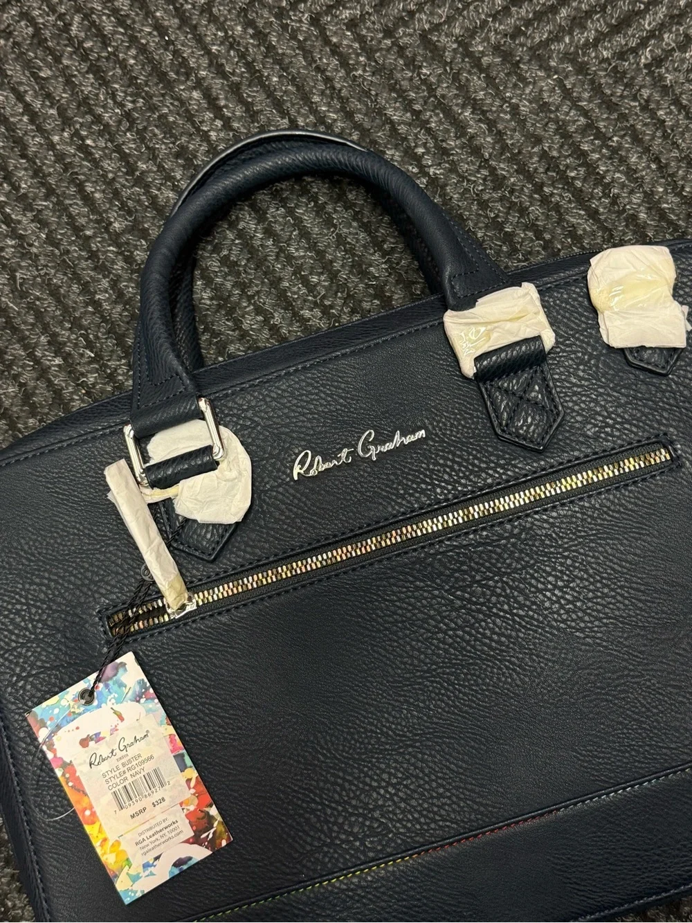 Robert Graham Navy Leather Briefcase with Gold Hardware